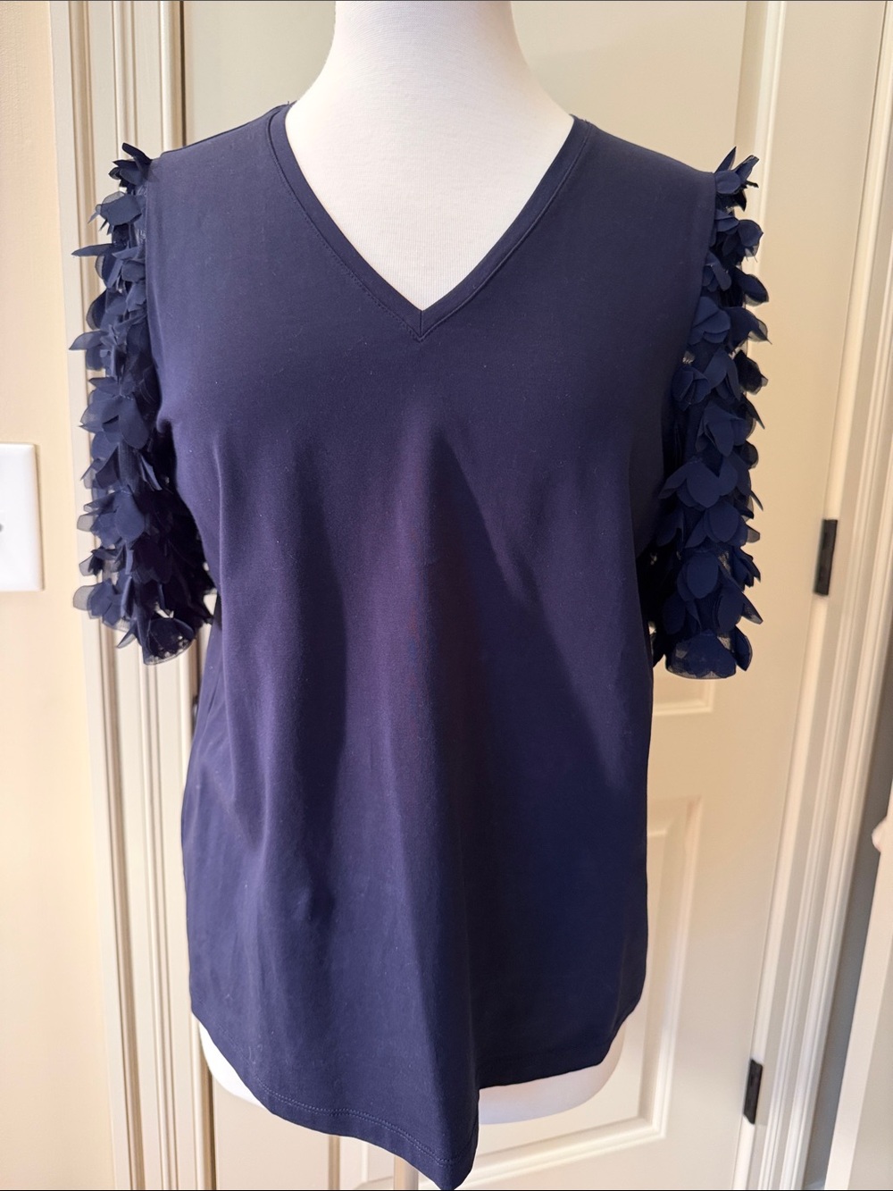 Chico's Navy V-Neck Top with Petal Short Sleeves